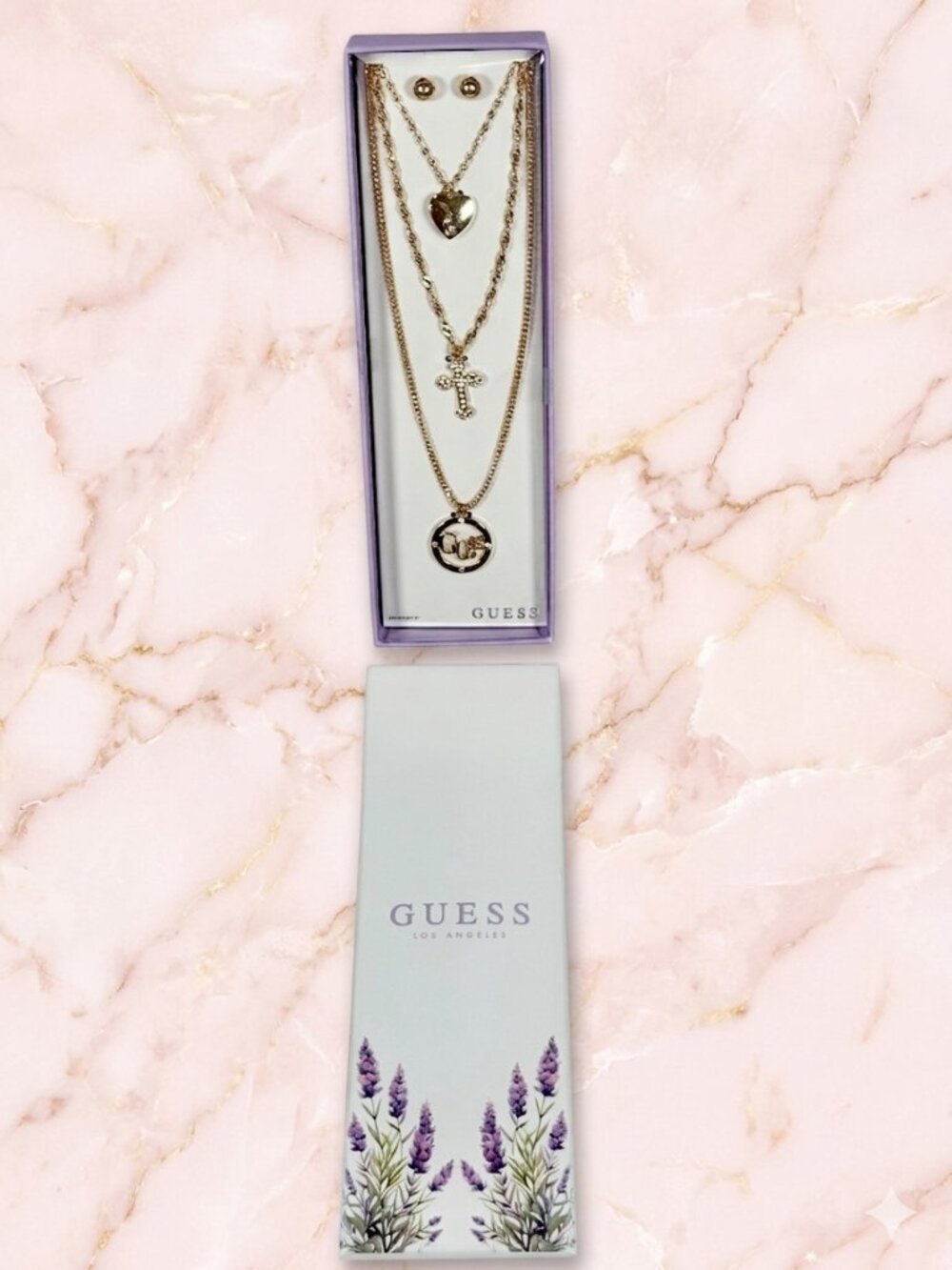 GUESS Gold 3 layer cross necklace with earring set